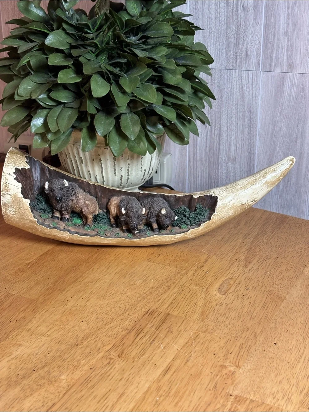 Faux Horn Resin Three Buffalo Relief Sculpture Western Wall Decor
